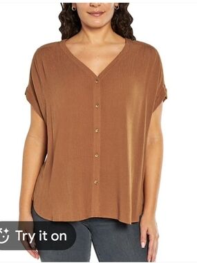 Orvis Relaxed Button-Front V-Neck Top in Chestnut Rayon M oversized